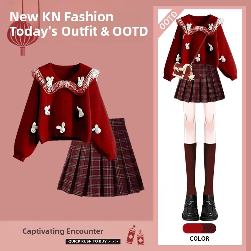 

Red Doll Collar Knitted Sweater And Plaid Pleated Skirt Two Piece Set for Women Winter New Arrival Fashion Ensemble