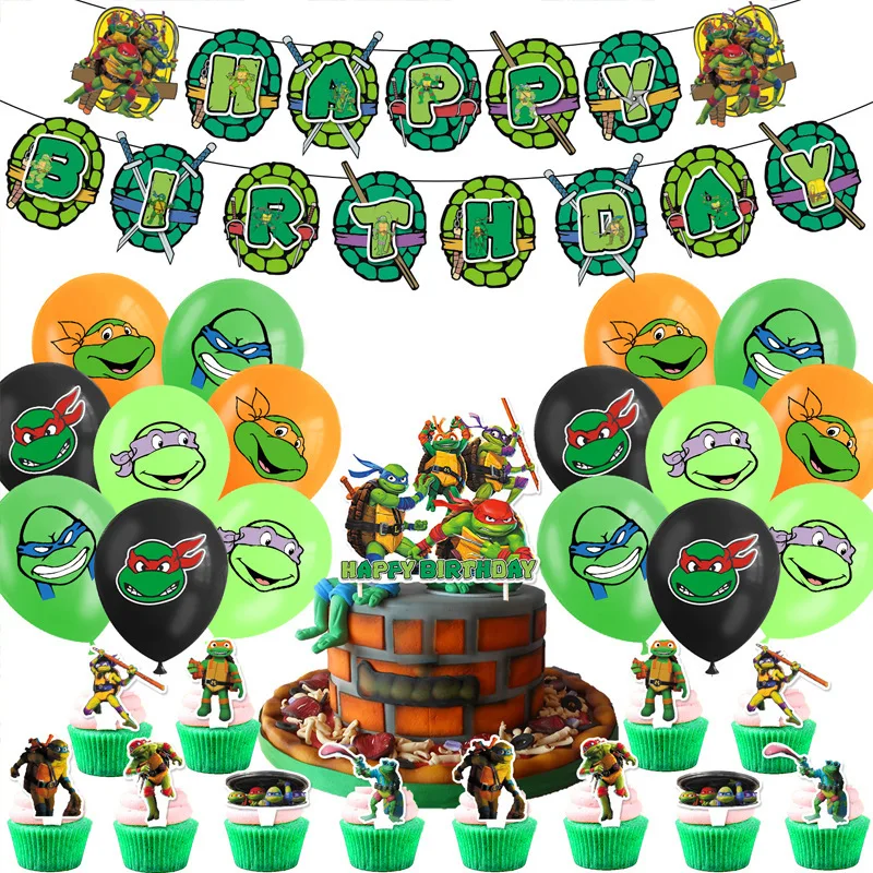 

Hot Teenage Mutant Ninja Turtles Birthday Party Disposable Banner Cake Topper Hanging Flag Balloons Set Birthday Decorations