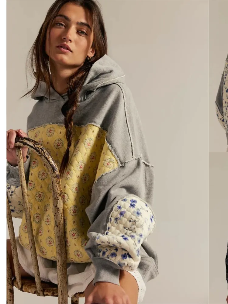 

Loose Hoodie Woman Clothing Hoodies Pullover Pull Femme Patchwork Long Sleeves Casual All-match Commuting Homewear Home Clothing