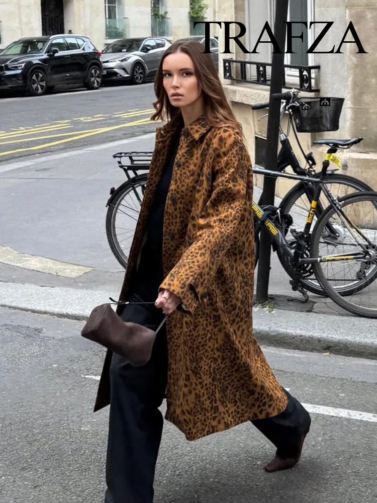 TRAFZA Women Fashion Leopard Print Lapel Jacket Coat Female Vintage Long Sleeve Hidden Buckle Pocket Loose Slim Overcoat TRAF