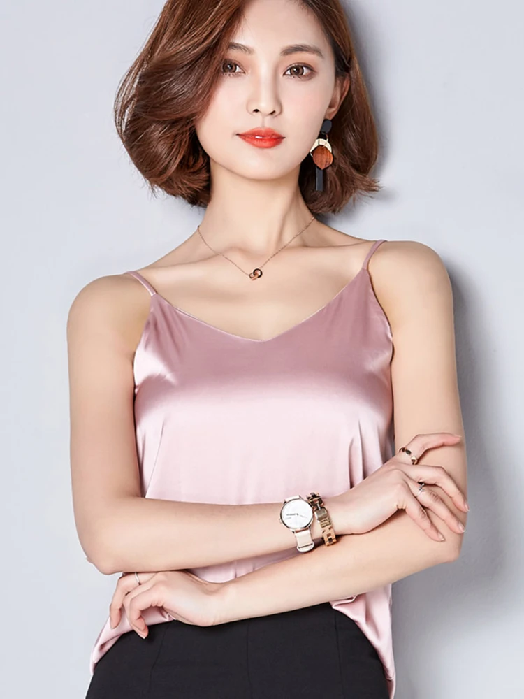 여성용 스트랩 기본 스파게티 스트랩 탑 여름 2026 섹시 새틴 실크 탱크탑 여성용 민소매 캐미솔 캐미 베스트 그린 레드