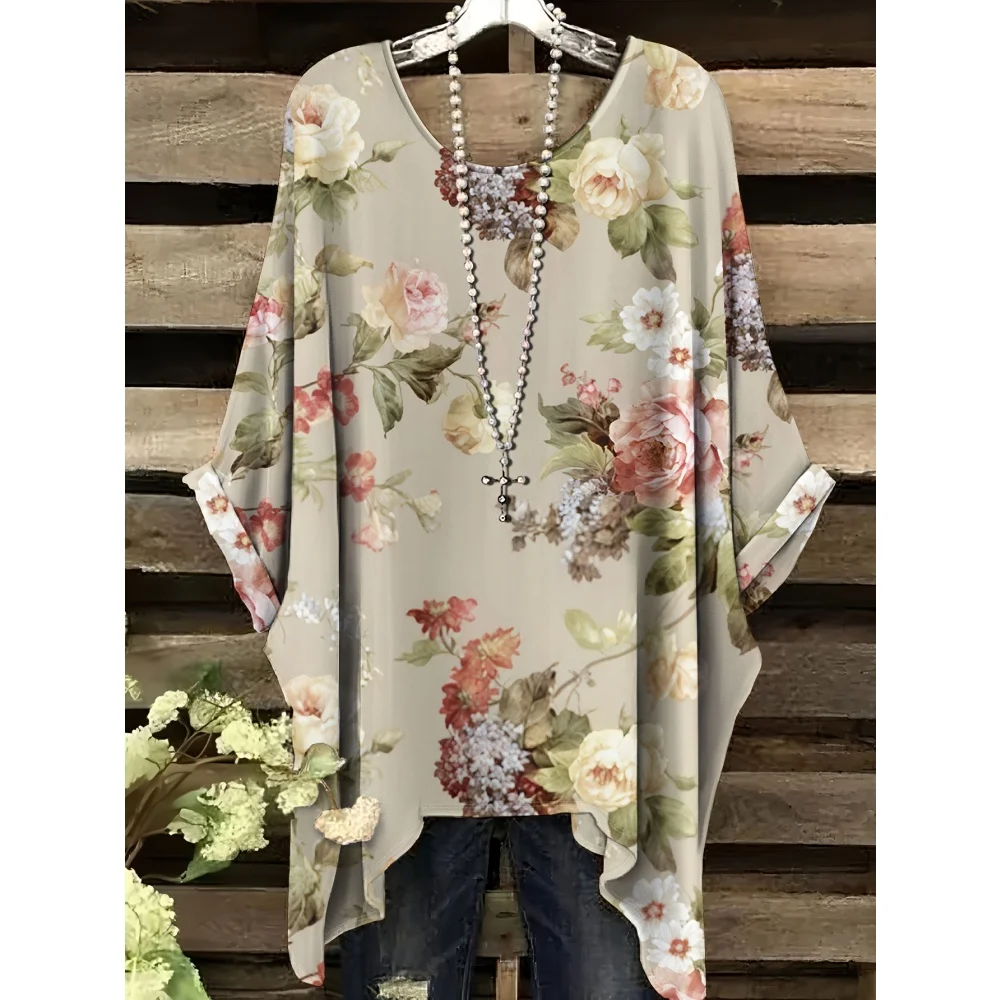 Women\'s Summer Bohemian Floral Print T-Shirt Vintage Light Purple Y2k Graphic Round Neck Clothing Elegant Woman Short Sleeve Top