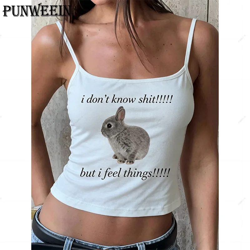 Funny Rabbit Slogan Print Women Spaghetti Strap Crop Tank Top Y2K Slim Sleeveless Cami Vest
