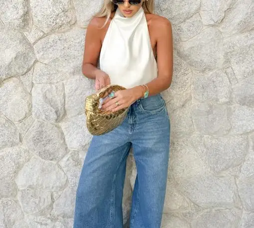 2025 أنيقة ومثيرة موضة جديدة عادية فليرتي مفلس انقطاع Strappy المرأة تنوعا تصميم الأبيض الحرير الساتان العصرية سترة غير رسمية #5