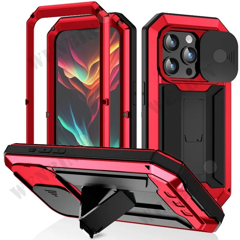 

Military Case For iPhone 15 14 13 Pro Max Mini Grade Full-Body Rugged Luxury Built-in Kickstand Slide Camera Protective Case