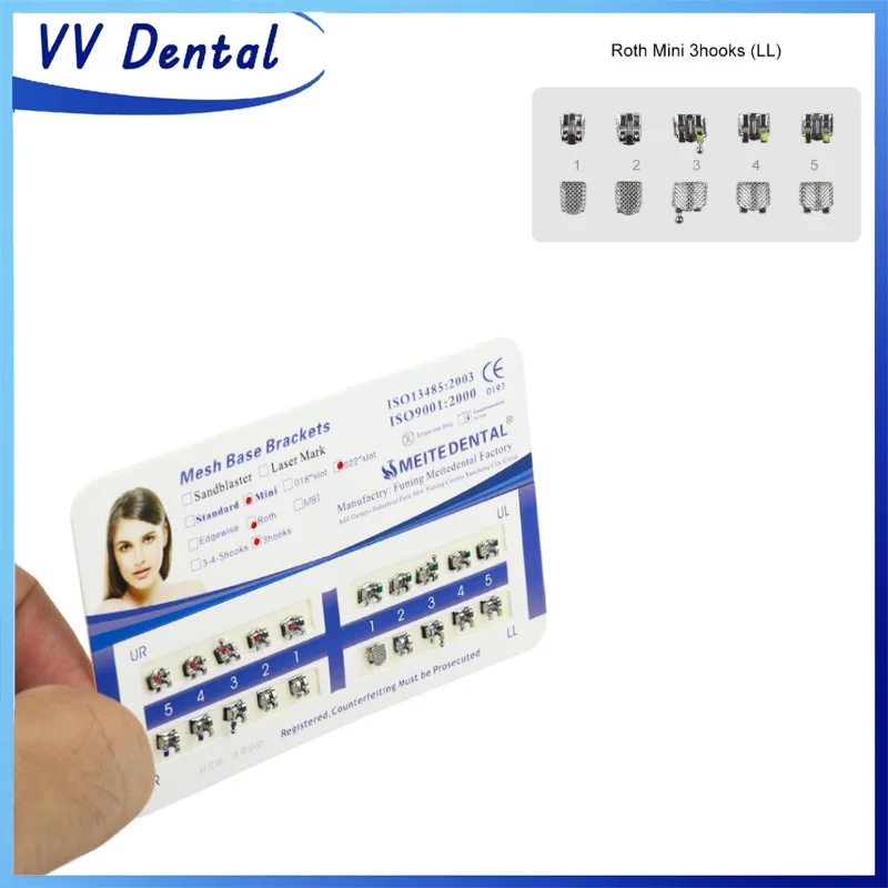 

VV Dental 20 шт./1 комплект ортодонтические металлические брекеты Mini Roth MBT 3/345 крючки слот сетчатая основа брекеты аксессуары
