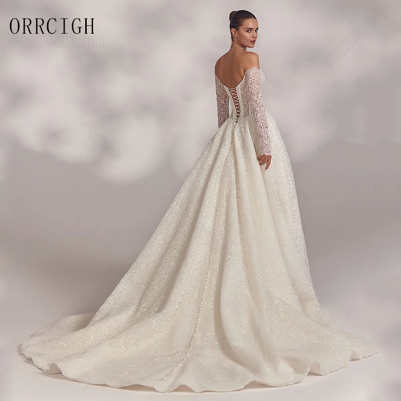 Elegant Lace Wedding Dresses for Women Strapless Long Sleeve Bridal Gown Sweep Train Solid Robe de mariée