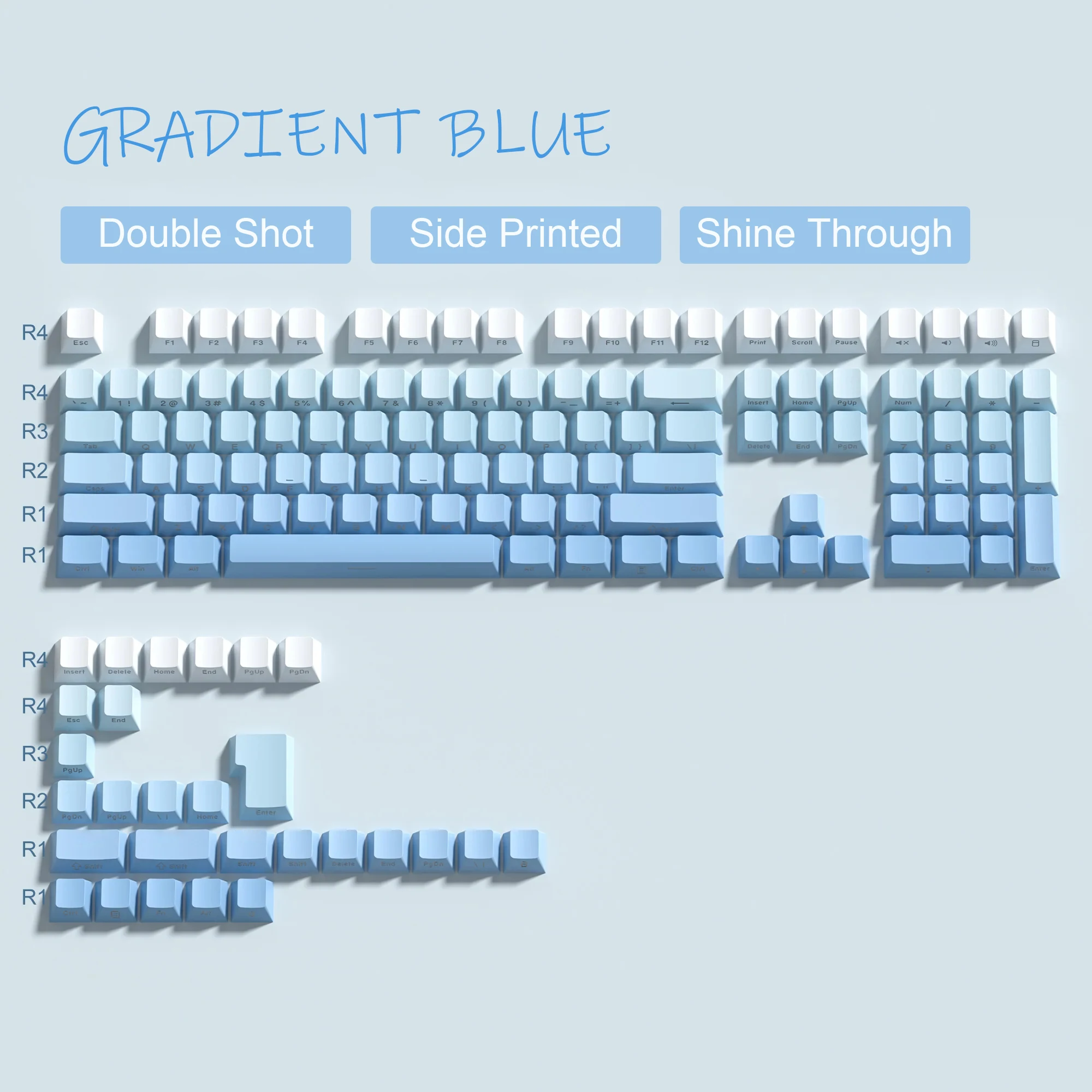 그라디언트 블루 사이드 프린트 키캡 OEM 프로파일 더블 샷 PBT 키캡 135키 체리 게이터론 MX 스위치용 게이머 키보드
