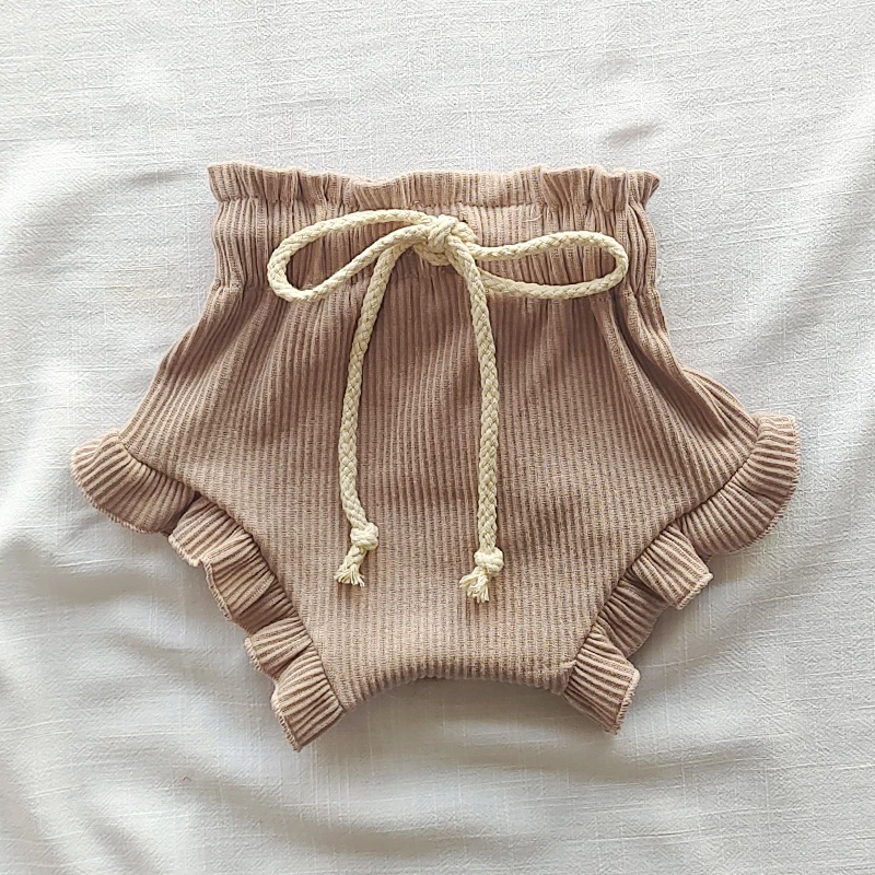 New Baby Casual Shorts Summer Korea Baby Girl Clothing Fashion Drawstring Design Waffle Elastic Solid Color Ruffle Bloomers