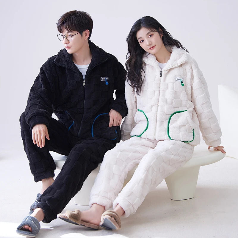 

High Quality Couple Pajamas Set Winter Women and Men Warm Flannel Pijama Lovers Sleepwear
