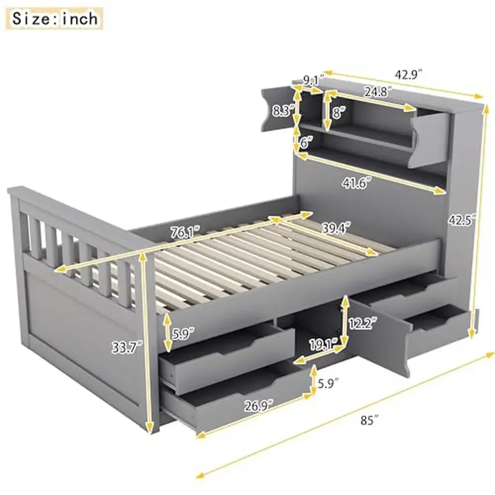 Twin Size Wood Platform Bed with Bookcase Headboard 4 Drawers Storage Shelves Grey Stable Silent Design Hassle-Free Assembly