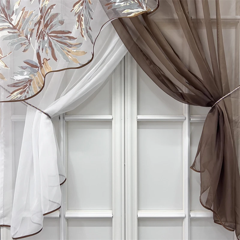 Grey Leaves Crossed Sheer Curtain Top Rod Pocket Suspension Kitchen Tulle Short Curtain Door Window Living Room Partition Drapes