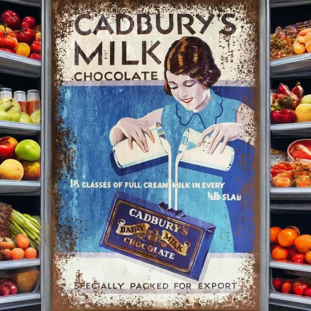 Letrero de leche láctea de Cadbury de estilo retro | Decoración de metal publicitaria de barra de chocolate vintage