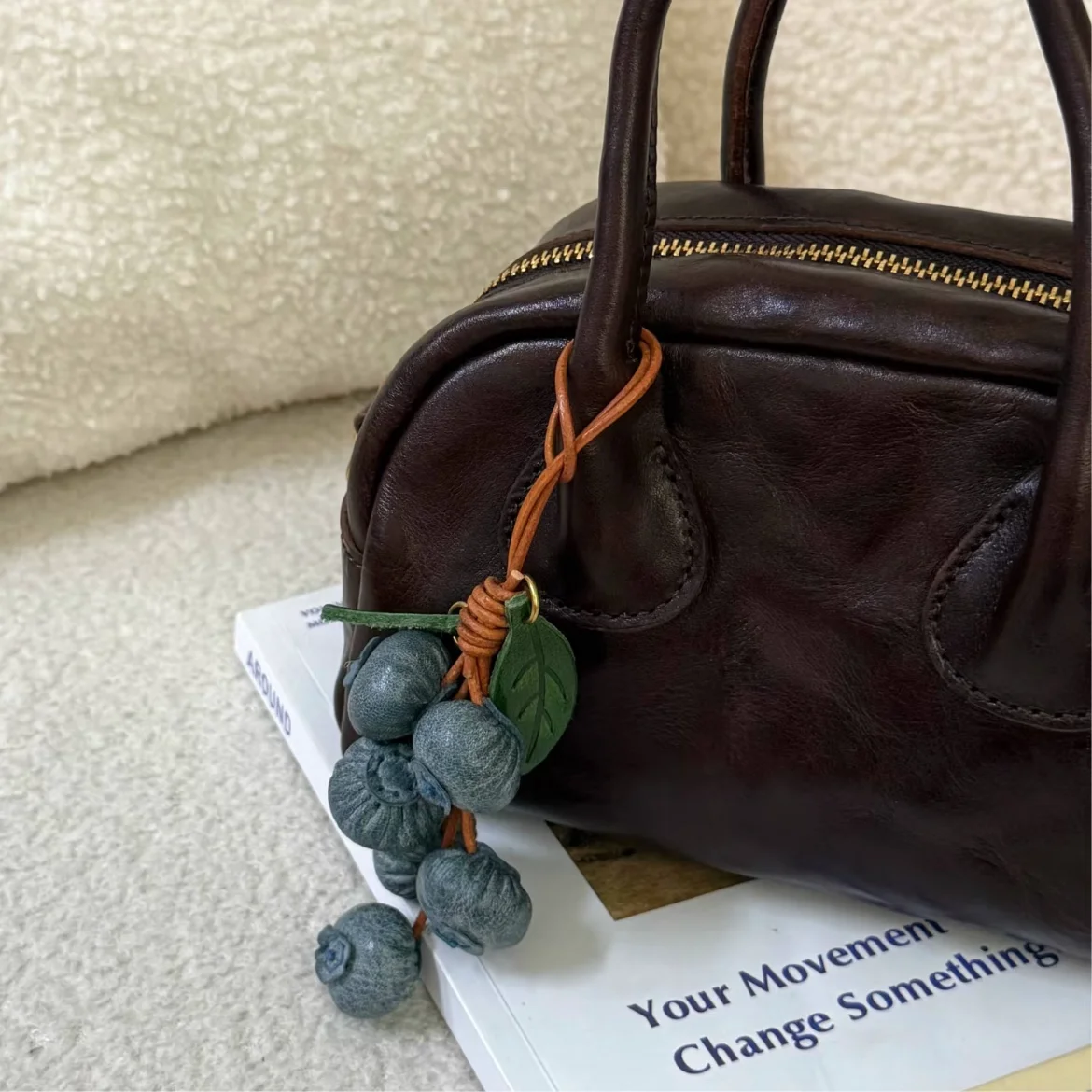 Top‑Grain Cow Leather Blueberry Bag Charm 3D Simulation Fruit Pendant Cute Bag Accessory Handmade Ornament Handbag Decoration