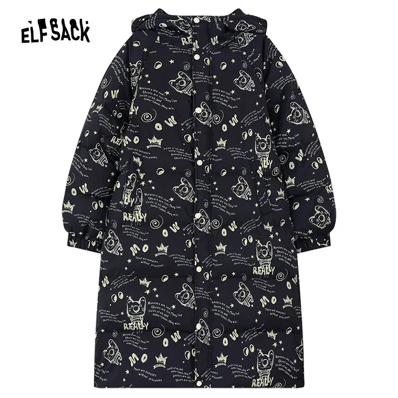 ELFSACK Printing Warm Down Coats Women 2024 Winter Cartoon Printed Hooded Down coats Jackets