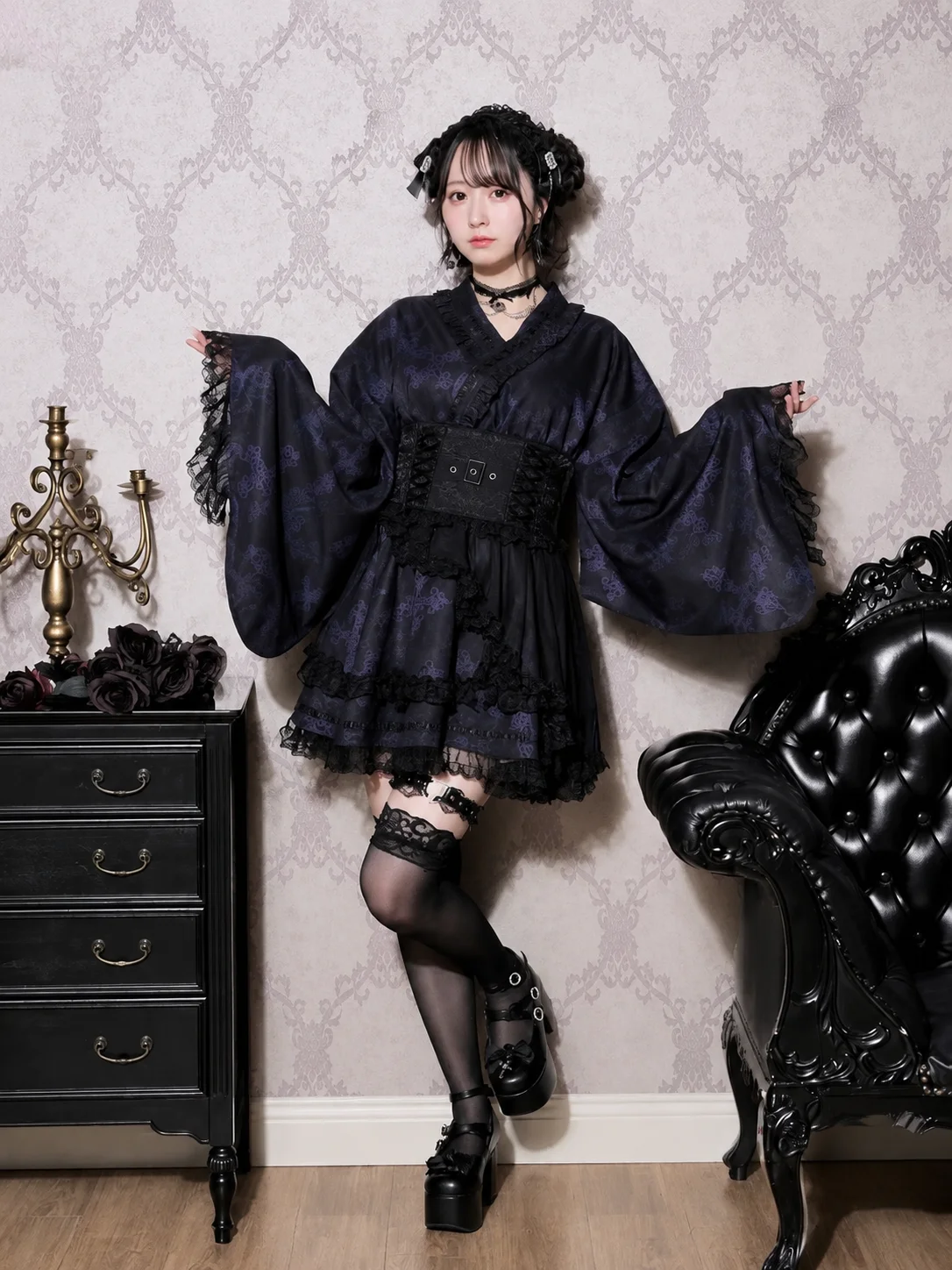 Gothic Lolita Navy Black Dress Women Kimono Collar Long Sleeve Corset Waist Layered Lace Ruffle Mini Dress Jirai Kei Outfit 2026