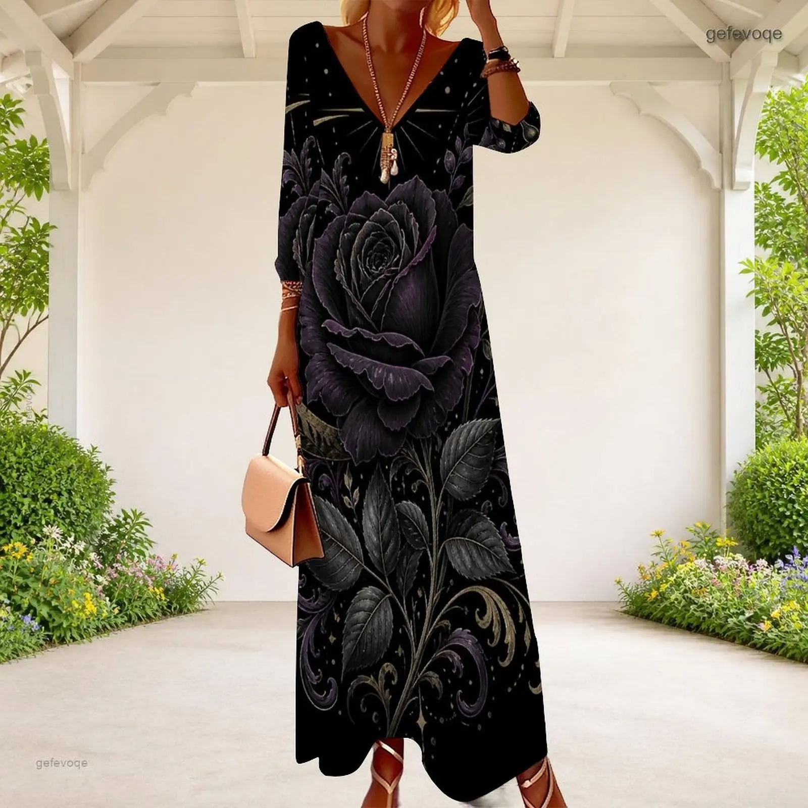 Women Black Printed V Neck 3/4 Sleeve Long Dress with White Rose Blue Leaf Golden Pattern