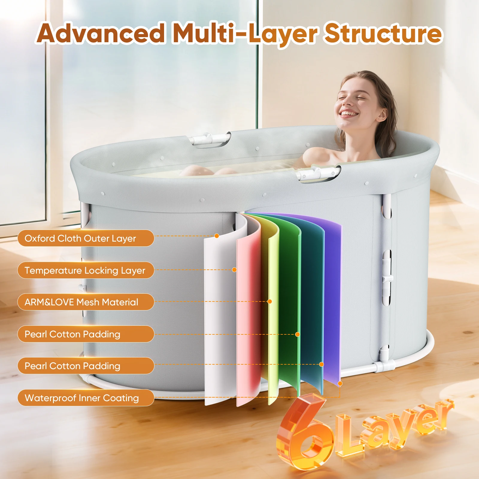 حوض استحمام محمول قابل للطي مع وسادة مقعد حوض استحمام تمرغ للاستحمام الساخن حمام الجليد حوض استحمام ساونا للأطفال البالغين، 60x49x13.5 سم