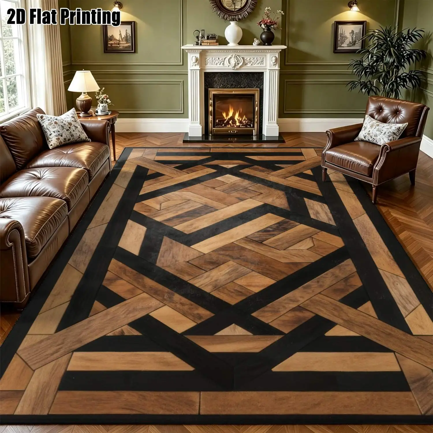1Pc 2D Printed Carpet: Brown&Black Geometric Patchwork, Nordic/Modern Minimalist/European/Vintage/Geometric Striped Style, Home Decor, Multi-Size, Machine Washable, Suitable for Entrance/Dining Room/Foyer/Bedroom/Living Room