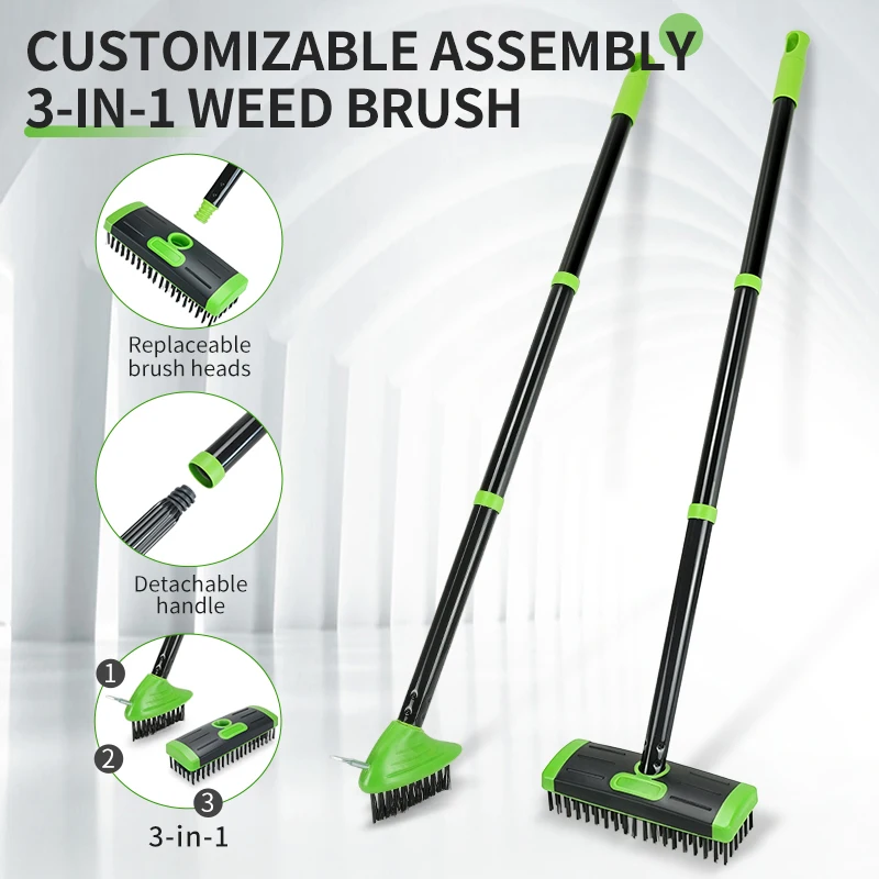 3 in 1 Steel Wire Weed Brush Set, Adjustable Length Telescopic Handle, Patio Pavement Gap Weed Remover Tool