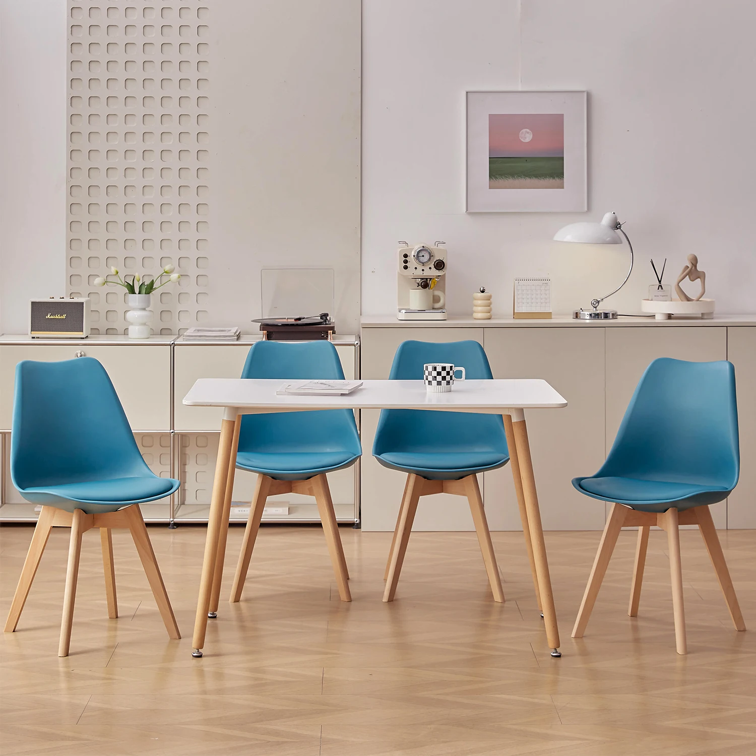 EGOONM 6Pcs Nordic Medieval Dining Chairs PU Padded Seat Beech Wood Legs Desk Chairs for Dining Room Bedroom Balcony Restaurant