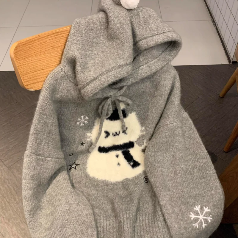 

Women's Pullover Long Sleeve Cute Cartoon Snowman Hooded Sweater Women's Christmas Loose Sweater Top