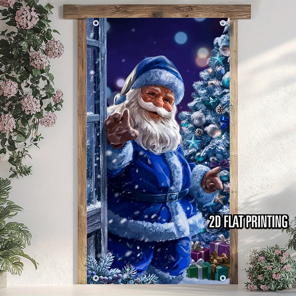 2D Flat, Door Banner, Christmas Blue Santa Greeting Door Banner Polyester, Easy-To-Hang Banner for Home and Party