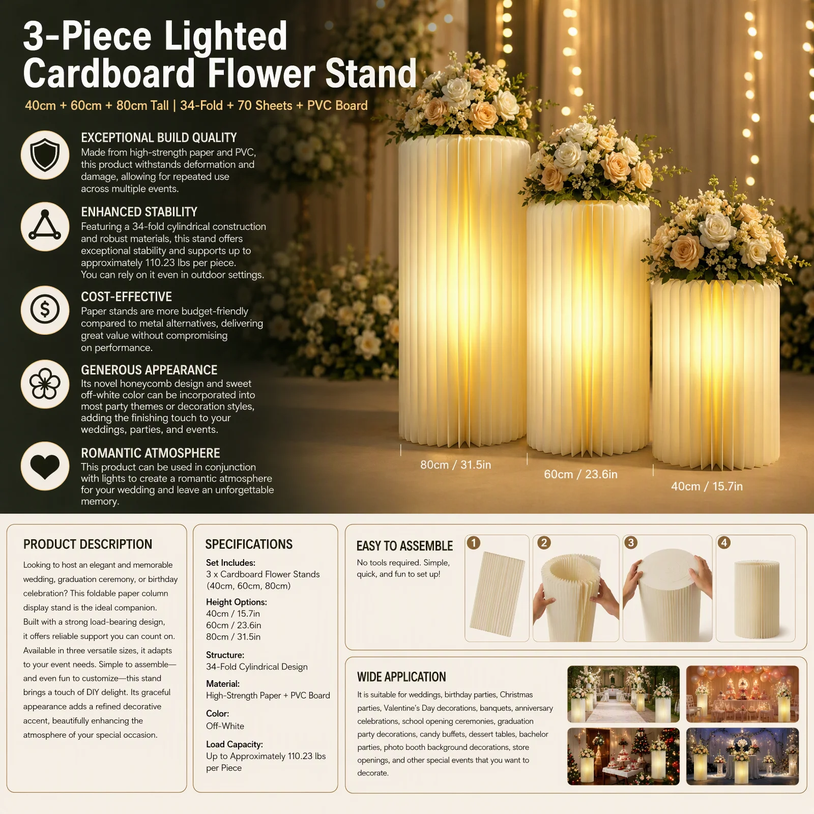 Foldable Paper Column Stand 3-Piece Set Cylinder Flowers Stand Dessert Table Display, 110.23lbs Load Capacity Honeycomb Columns for Wedding Party Garden Decoration