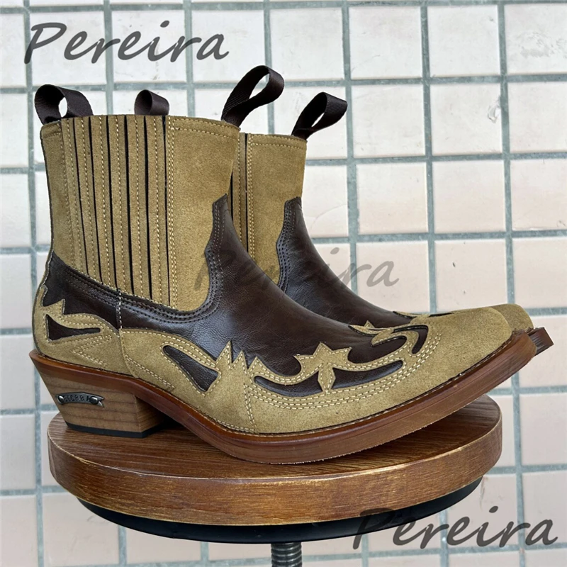 

Retro Men's Western Cowboy Boots Suede Patchwork Pointed Toe Thick Heel Chelsea Boots Spring Autumn Trendy Male Shoes