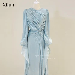 Xijun Modest Silk Satin Evening Dresses O-Neck Long Sleeves Formal Prom Dresses Moroccan Kaftan Pleats Prom Dresses Dubai 2024