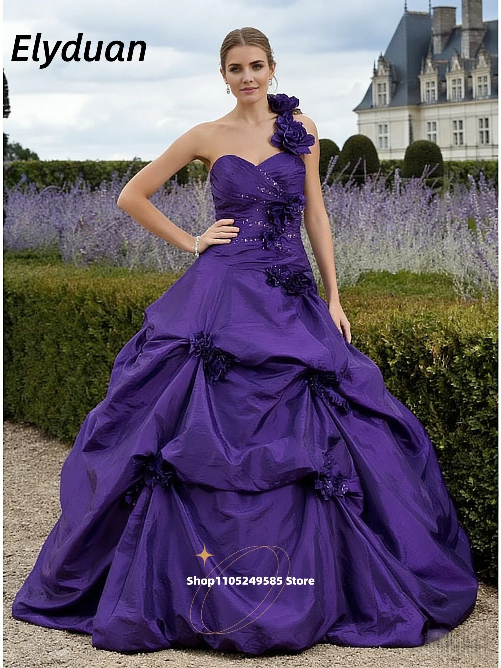 Robe de mariée gothique violette, asymétrique épaule dénudée, en taffetas froncé, robe de bal, avec des Appliques de fleurs et des perles, personnalisée
