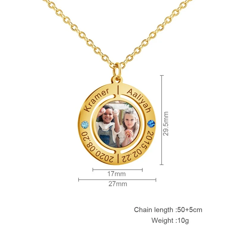Personalized Photo Necklace for Women Custom Name Date Engraved Necklaces Round Shaped with Picture Birthstone Jewelry Gift