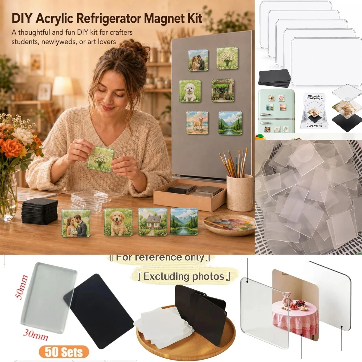 9~50Set 5×3cm Rectangle DIY Acrylic Magnet Kit Refrigerator Magnet Home Decoration Custom Photos Postcard Handmade Crafts