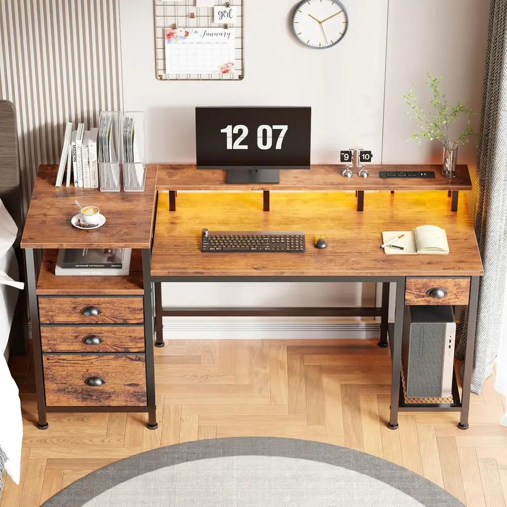 60 Rustic Brown Computer Desk with File Cabinet, Storage Shelves, LED Lights, Monitor Stand, Power Outlets, Study Gaming Table w