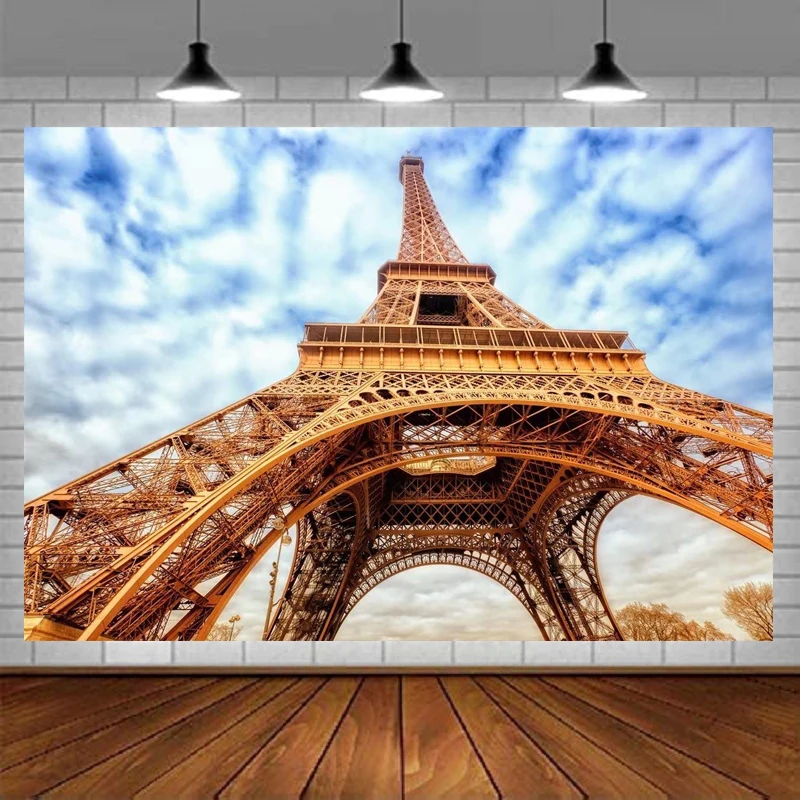 

Eiffel Tower Photography Backdrop Paris Architecture Background Blue Sky White Clouds Theme Party Decor Portrait Photo Studio