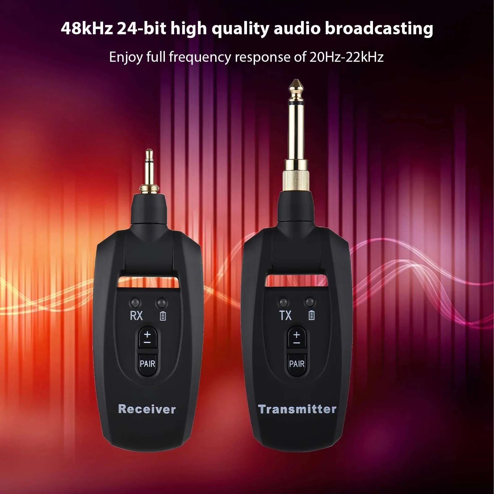 2.4G Ultra-low Latency Guitar Transmitter Receiver Set Wireless Guitar System Transmission with 2 6.35mm Adapter for Guitar Bass