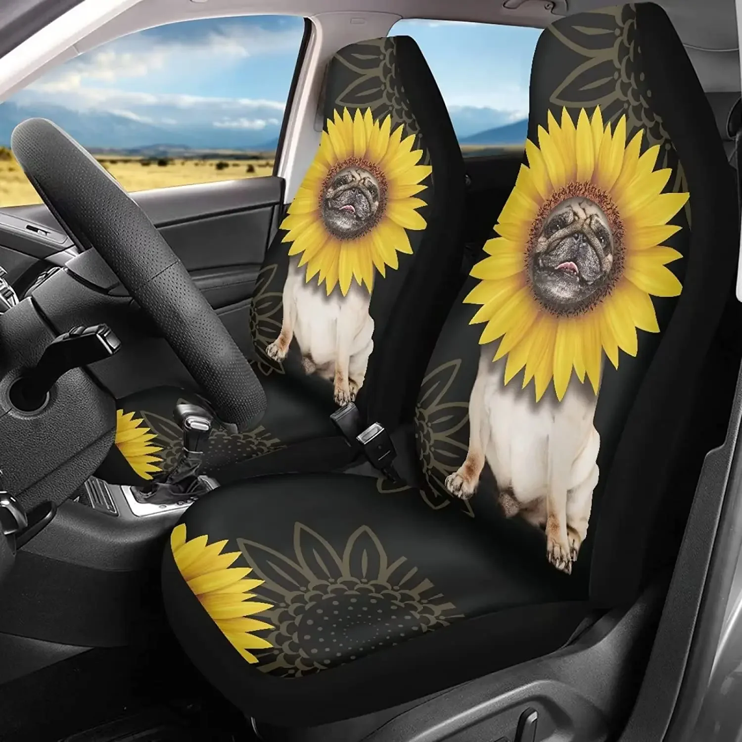 

2pcs/Set Car Seat Covers Sunflower Pug Dog Vehicle Seat Protector Car Mat Covers Stretch Universal Bucket Seat Cover