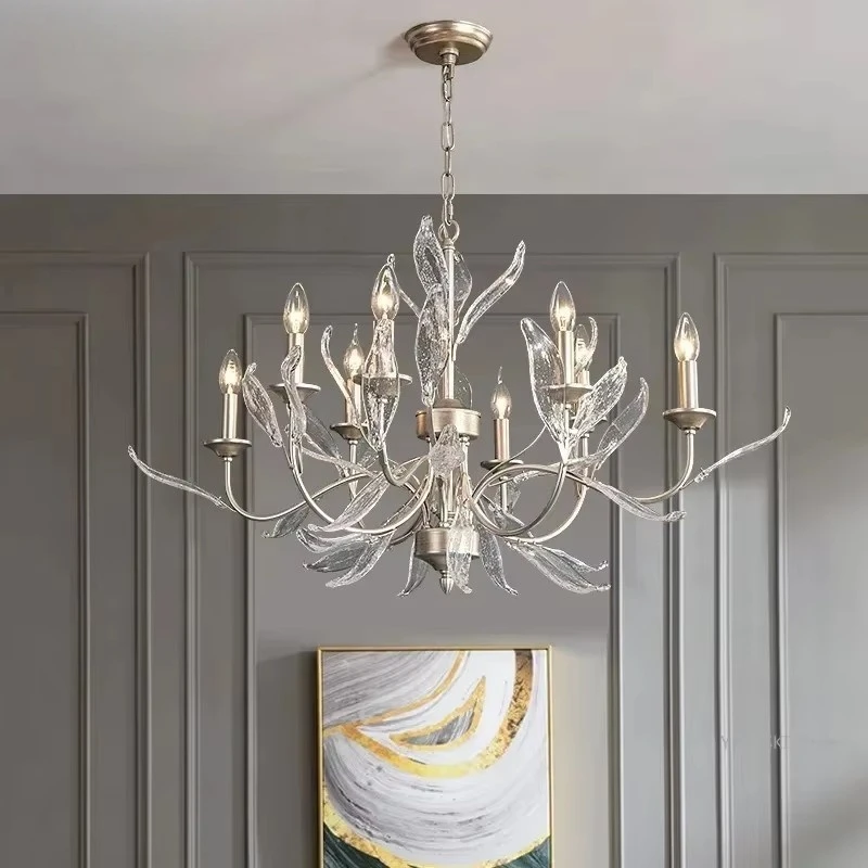 American Living Room Pendant Light Creative Bedroom Lighting Glass Leaf Retro Silver French Restaurant Light