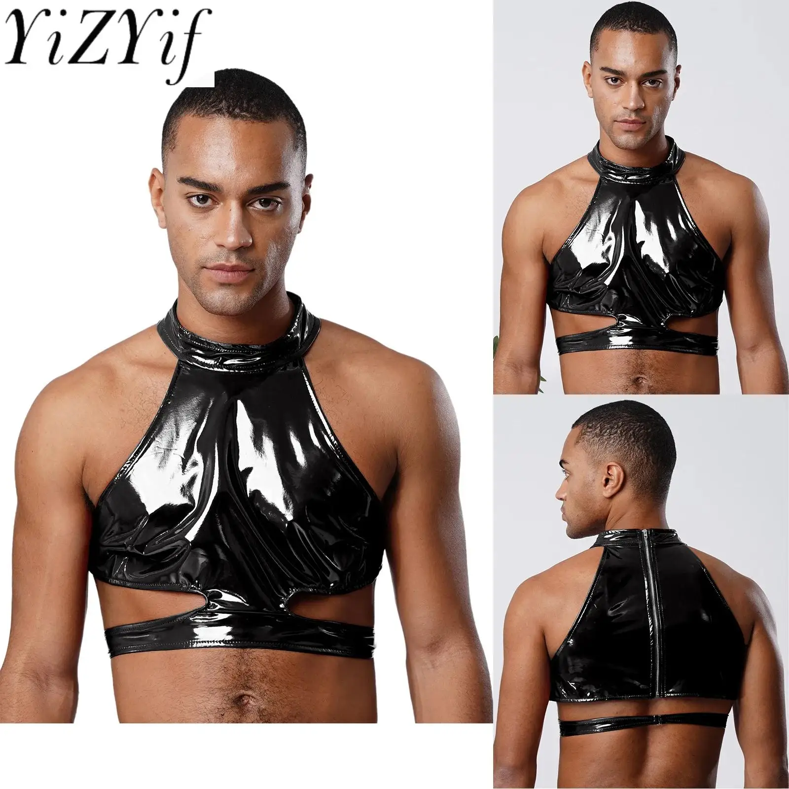

Men PU Leather Mini Tank Tops Halter Sleeveless Navel Exposed Cropped Vest for Party Rave Nightclub Bar Disco Dance Crop Tops