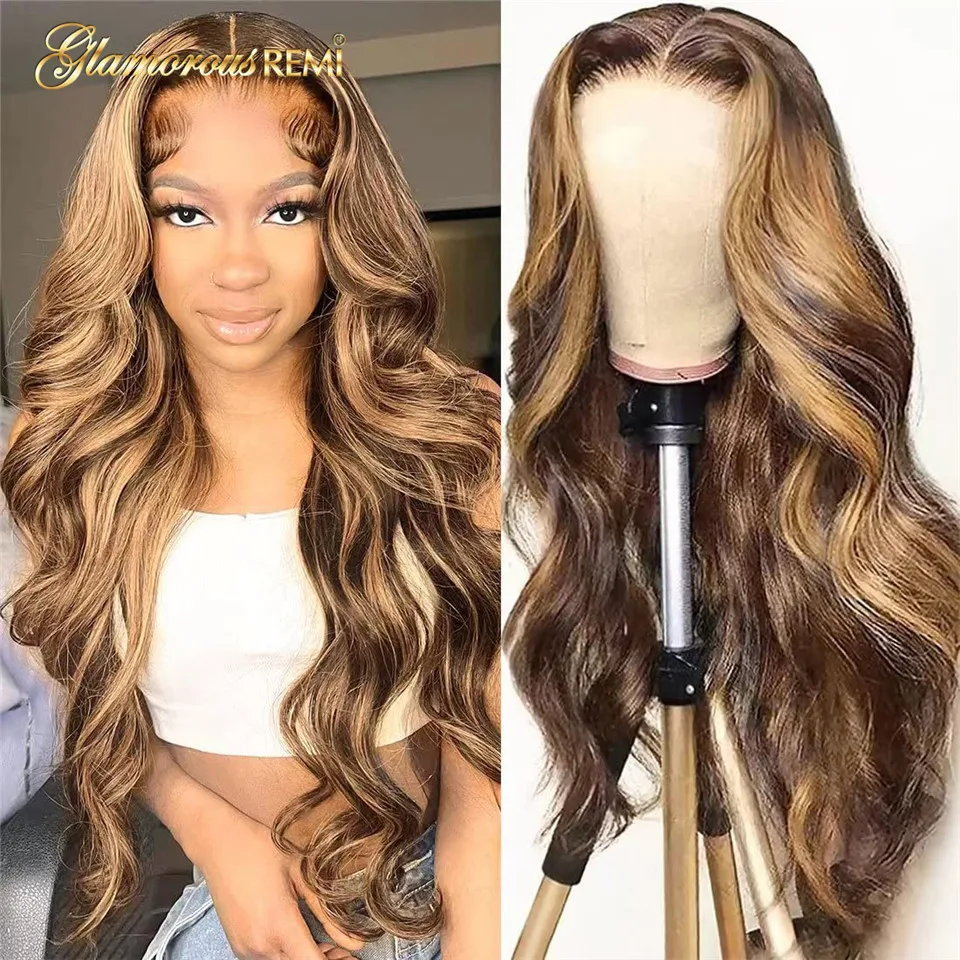 Perruque Lace Front Wig Body Wave Naturelle Blond Miel, Cheveux Humains, Pre-Plucked, Highlight, Density 180, 13x4