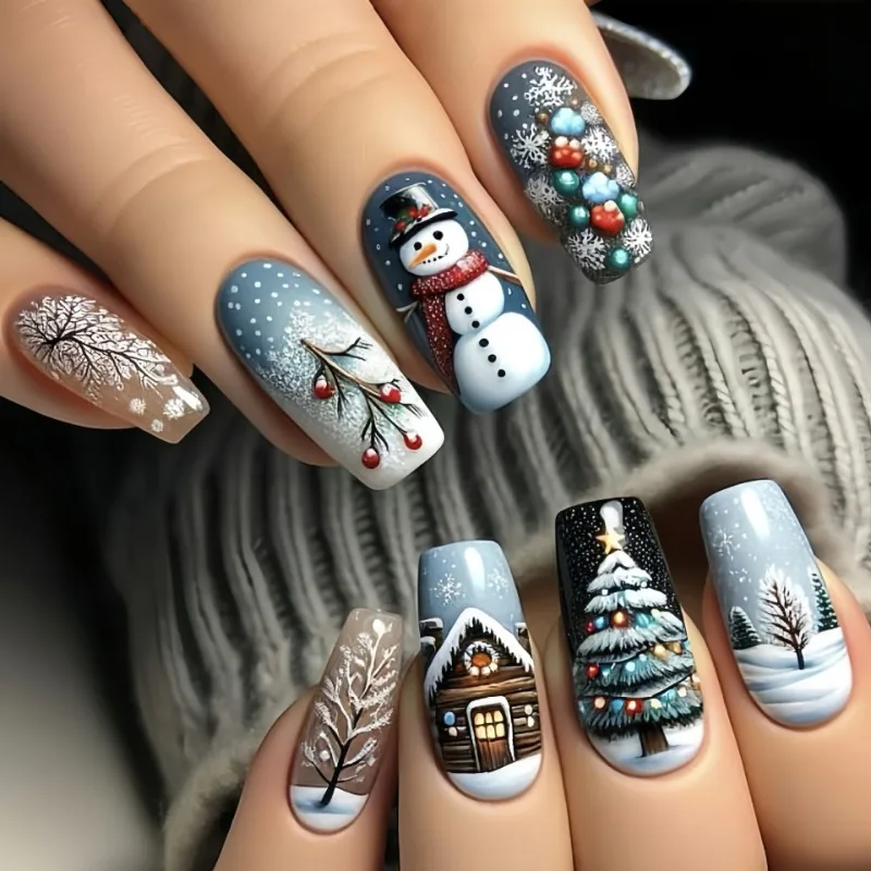 

24Pcs Long Artificial Fake Nails Snowman Christmas Tree Winter Snow Acrylic Nail Tips Christmas Realistic Press on Nails Cheap