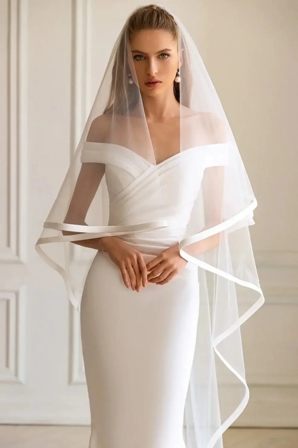 Satin Ribbon Wedding Veils 2025 Tea Length Two Layer with Comb Bridal Veil Party Bride Veils Women Hair Accessory