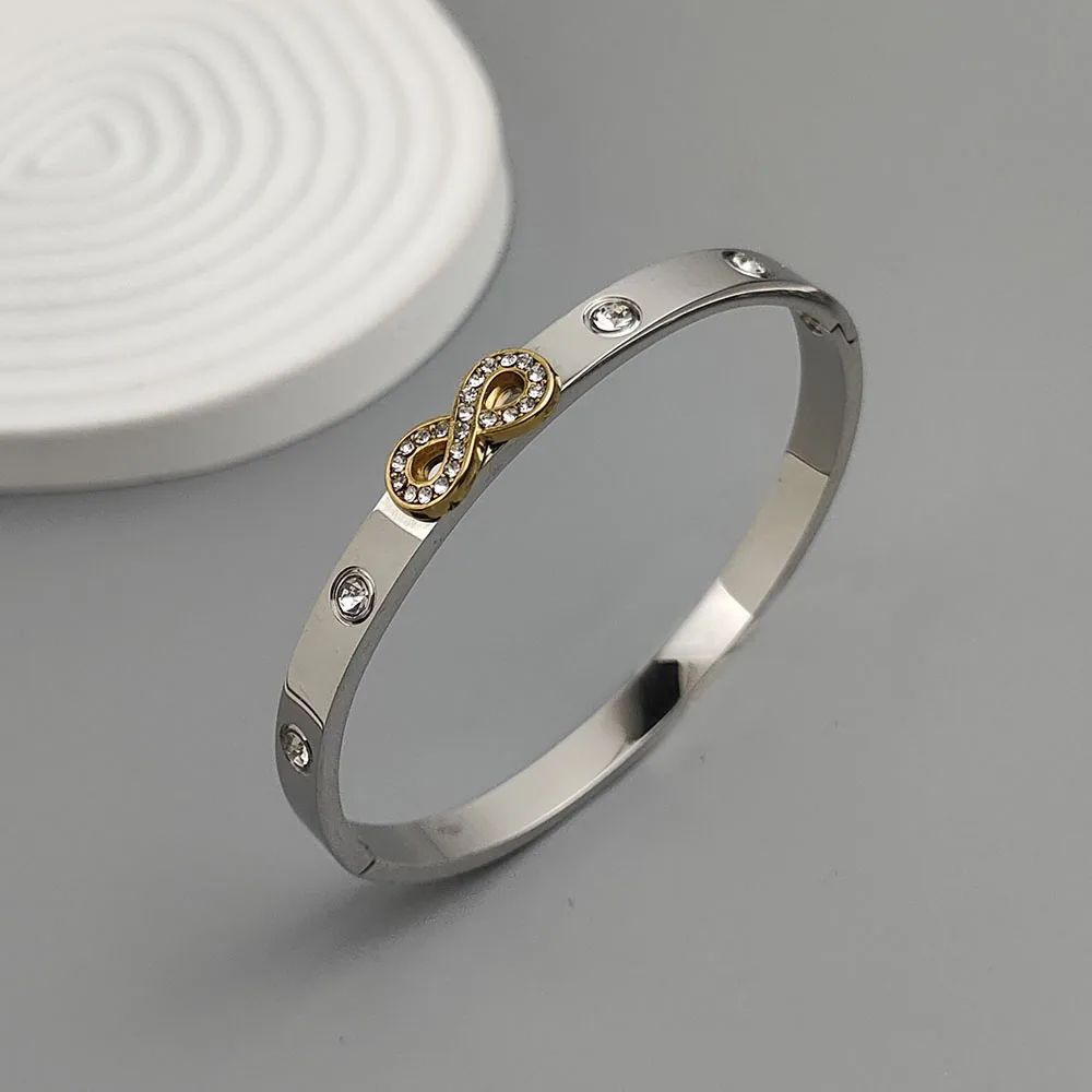 18K Gold‑Plated 316L Stainless Steel Infinity‑Symbol Zircon Hinged Bangle Elegant Women Daily‑match Wrist Bracelet