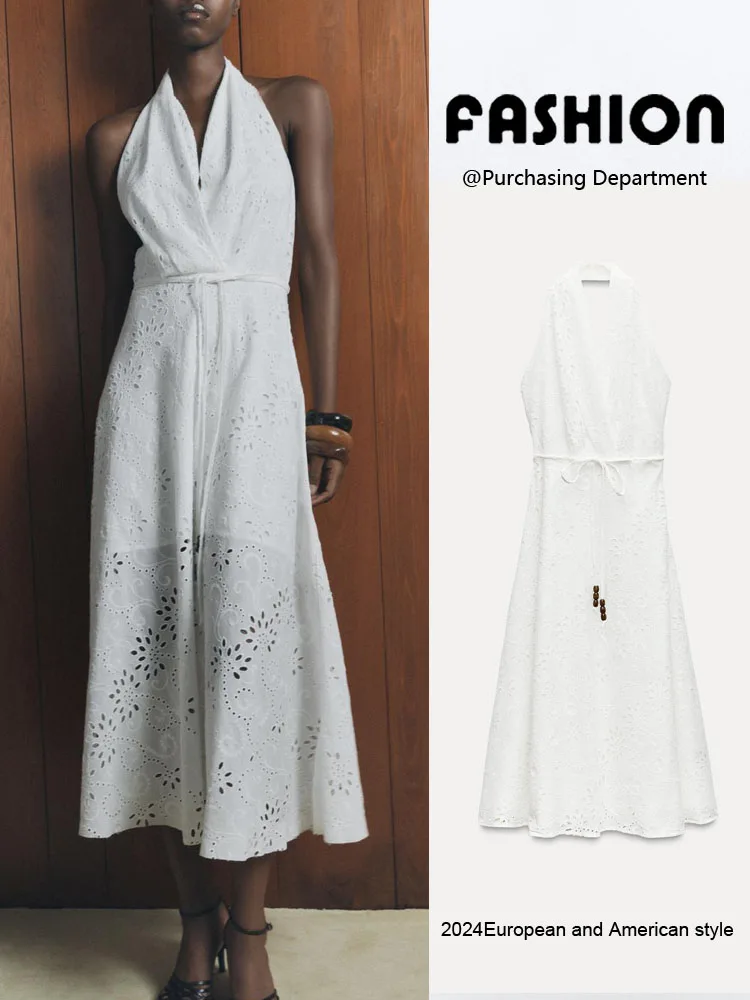 

Ele Hollow out Embroidery Summer New Arrival Women's Dr Hanging Ne Line Svel Dr European Sle ort Sve