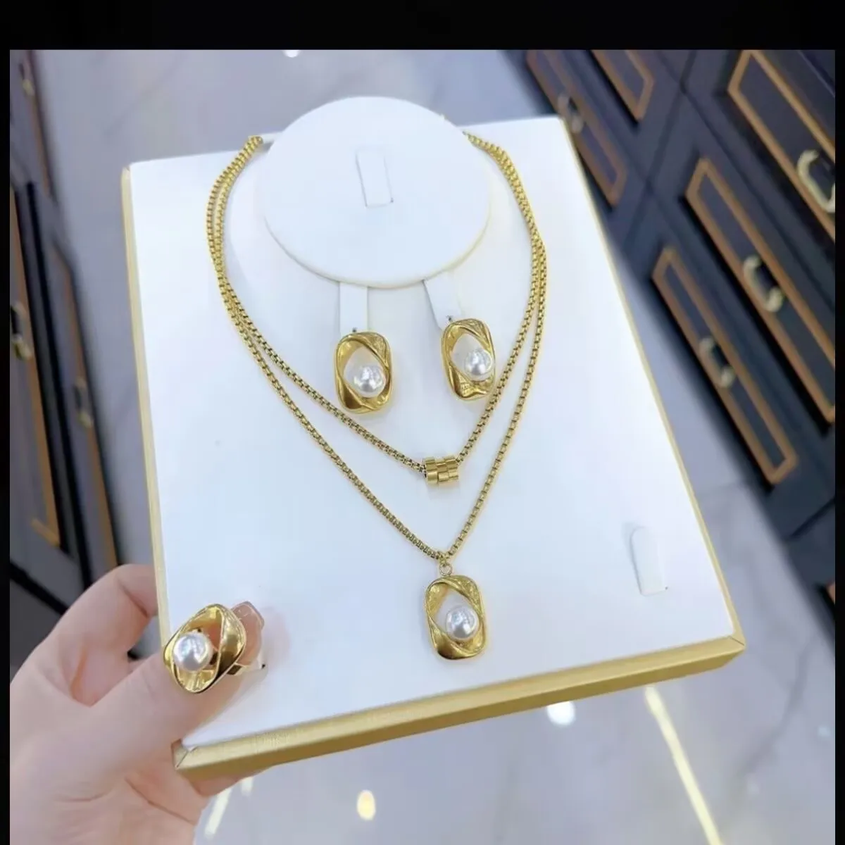 

New Dubai German French Alloy Gold Plated Necklace Earrings Rings Wedding Party Jewelry Set Gift for Lover YY10713