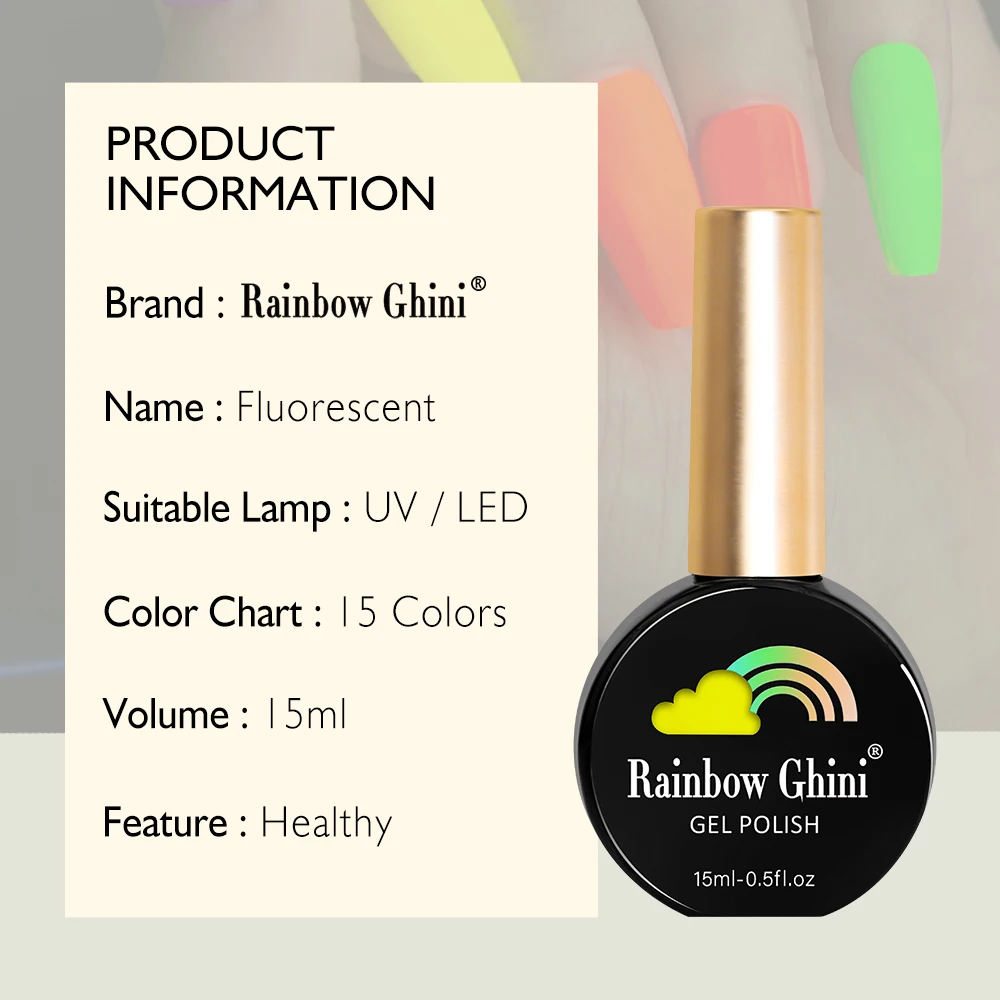 RG Neon UV LED Gel Polish Polosh 15ml Semi-Permanent Hybrid Nail Varnish Art Manicure Fluorescent Color Salon Top Coat nagellak