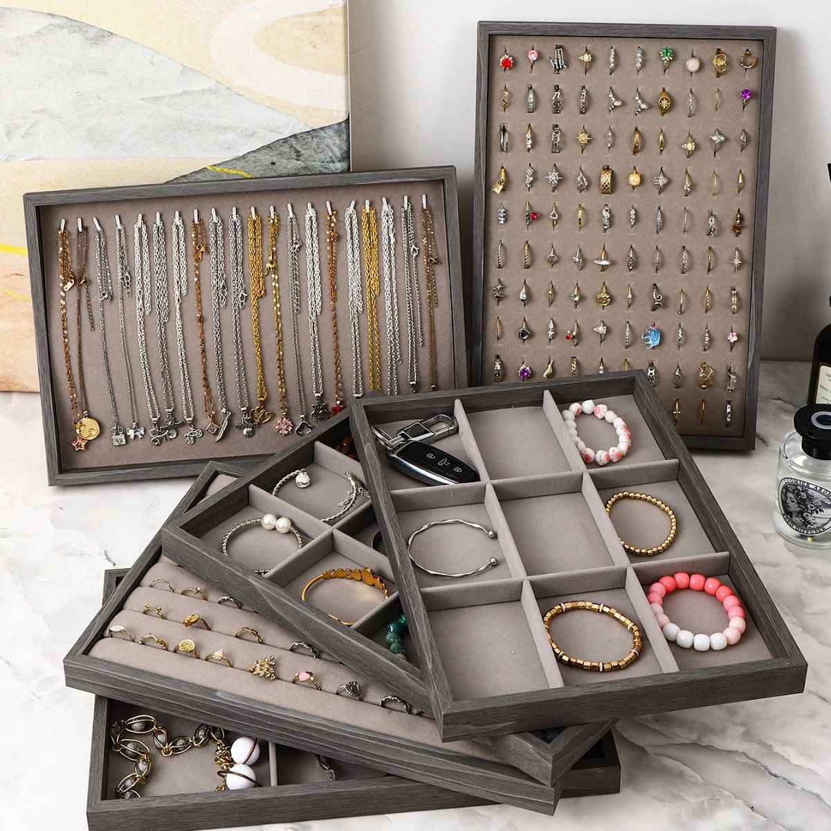 

1 шт. модный деревянный поднос для демонстрации ювелирных изделий, браслет, кольцо, серьги, ожерелье, кулон, повязка для волос, органайзер для ювелирных изделий, лотки для хранения