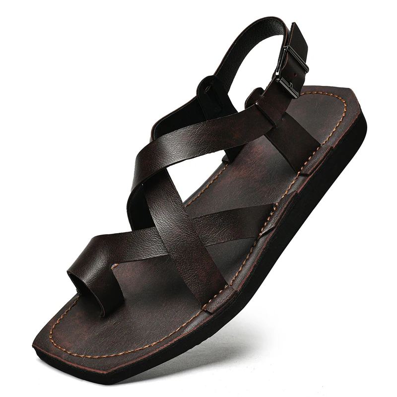 Retro Sewing Sandals Slipper Non-slip Leather Flip Flops Shoes for Men Plus Size Comfortable Casual Summer Fashion British Style