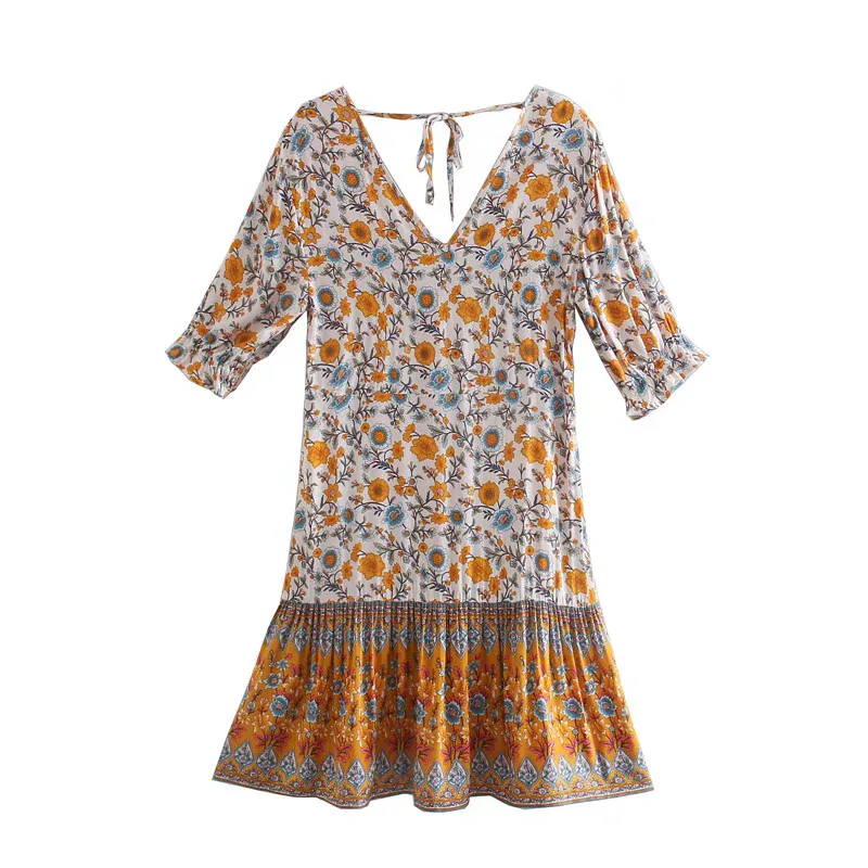 Dave&Di 2026 Summer New European And American Style Women's Clothing Cotton Positioning Printed Elastic Deep V Dress