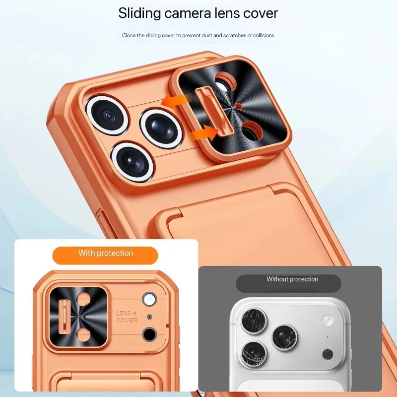 Etui na telefon iPhone 18 Pro Max, 17 Pro, 15 Pro Max z przesuwaną osłoną na aparat i funkcją podstawki, z uchwytem na karty, wykonane z PC+TPU, odporne na upadki. — zdjęcie produktu 5